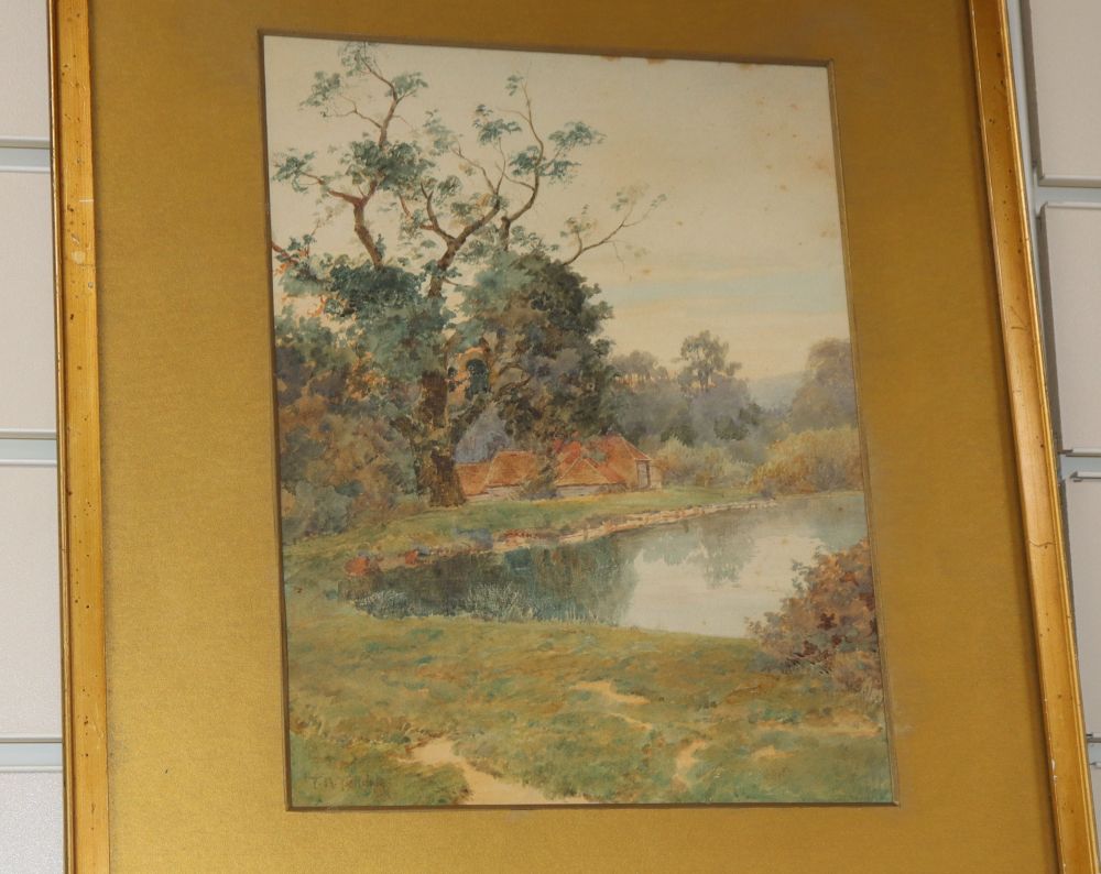 Thomas Nicholson Tyndale (1858-1936), watercolour, Farmhouse beside a lake, signed, 26 x 20cm
